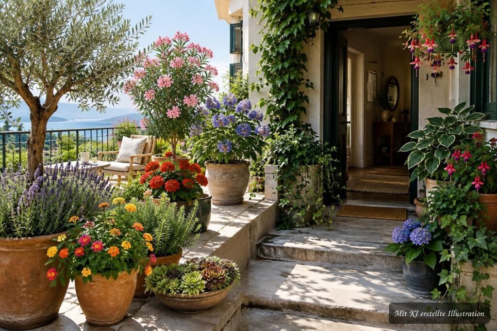 Robuste Kübelpflanzen für sonnige und schattige Standorte auf Balkon, Terrasse und am Hauseingang