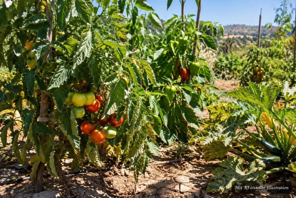 Tomaten-, Paprika- und Zucchinipflanzen mit Blättern, die ihre Früchte im heißen Gemüsegarten teilweise beschatten