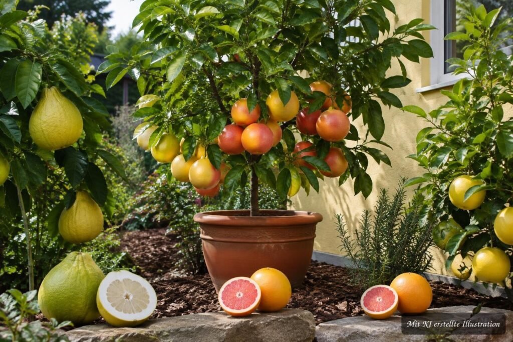 Grapefruit mit gelber Schale und rosafarbenem Fruchtfleisch im Gartenbeet
