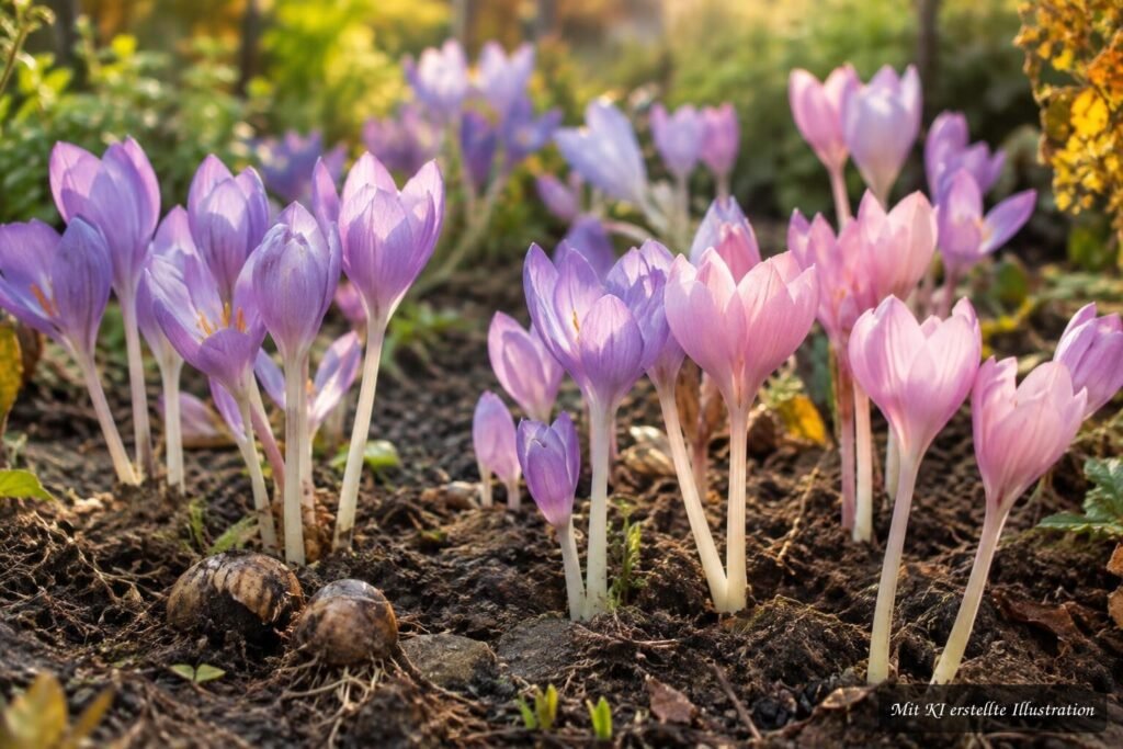Herbsttulpen gibt es wirklich? Welche Pflanzen im Herbst tulpenähnlich blühen Zart violette Herbstzeitlose blühen im Garten und erinnern an elegante Tulpen im Herbst