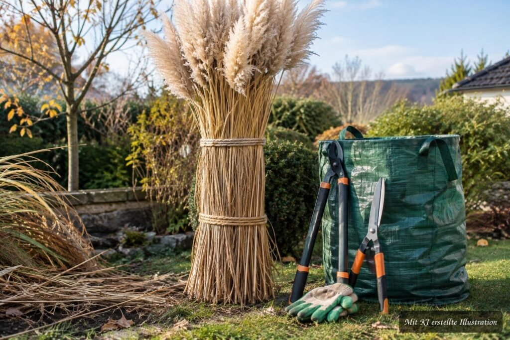 Pampasgras wird mit scharfer Gartenschere und Schutzhandschuhen für den Rückschnitt vorbereitet.