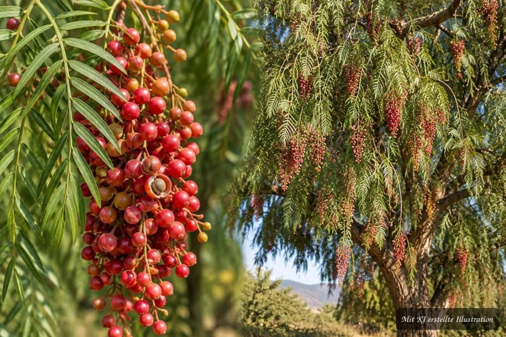 Schinus molle erkennen: Wissenswertes über den Peruanischen Pfefferbaum Rosa Pfefferkörner des Peruanischen Pfefferbaums Schinus molle zur sicheren Identifizierung