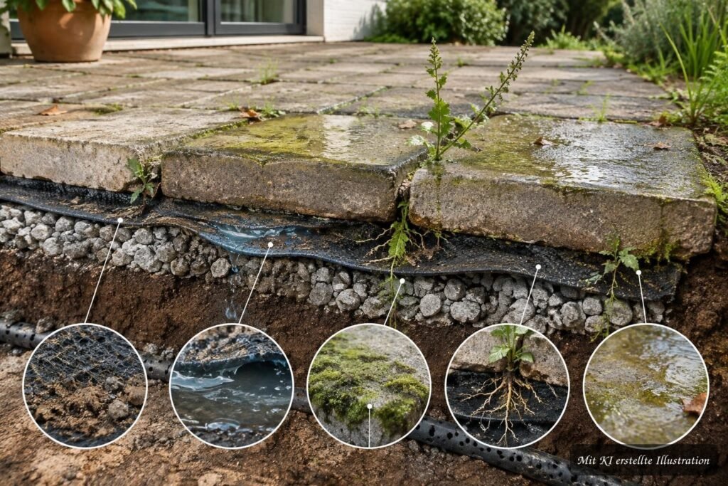 Unkrautvlies unter Terrassenplatten mit sichtbaren Alterungs- und Ablöseerscheinungen nach mehreren Jahren