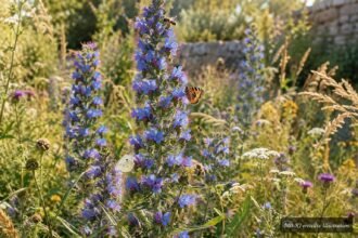 Blühender Gewöhnlicher Natternkopf mit summenden Bienen im naturnahen Garten