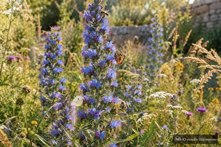 Blühender Gewöhnlicher Natternkopf mit summenden Bienen im naturnahen Garten