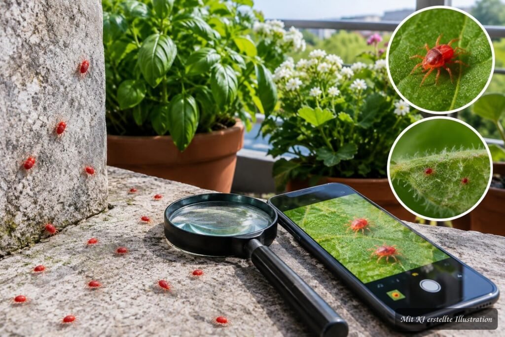 Kleine rote Spinnen auf dem Balkon: Schädling, Nützling oder völlig harmlos? Kleine rote Spinnen auf einem Balkon; ein einfacher Test zeigt, ob sie schädlich, nützlich oder harmlos sind.