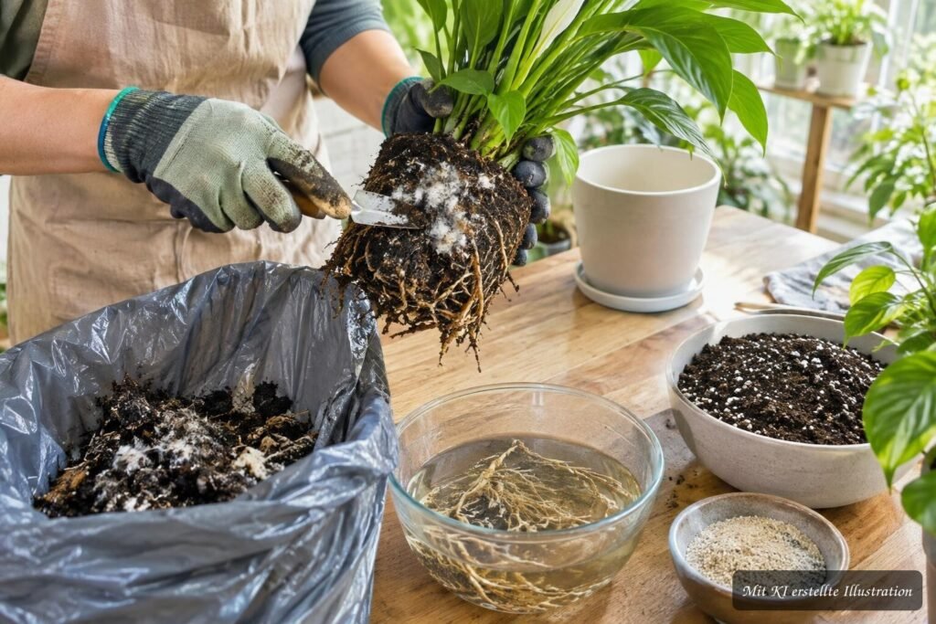 Pilze in der Blumenerde: Warum sie wachsen und ob sie gefährlich sind Weiße Pilze wachsen auf Blumenerde; daneben liegen Handschuhe und ein Löffel zum Entfernen