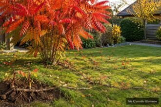 Essigbaum mit herbstlicher Laubfärbung und zahlreichen Wurzelausläufern im Rasen