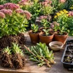 Fetthenne im Garten mit fleischigen Blättern und rosafarbenen Blüten zur Vermehrung