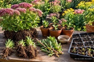 Fetthenne im Garten mit fleischigen Blättern und rosafarbenen Blüten zur Vermehrung