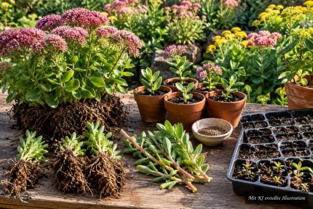 Fetthenne im Garten mit fleischigen Blättern und rosafarbenen Blüten zur Vermehrung