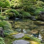 Flacher japanischer Gartenteich mit Steinen, Pflanzen und harmonischer naturnaher Gestaltung