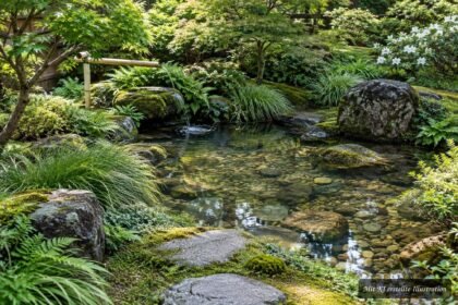 Flacher japanischer Gartenteich mit Steinen, Pflanzen und harmonischer naturnaher Gestaltung