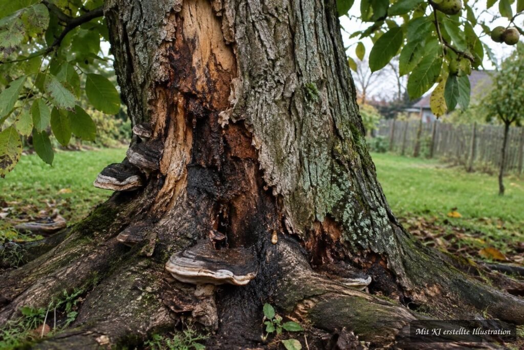 Walnussbaum mit abblätternder Rinde als mögliches Zeichen für Pilzbefall oder eine Krankheit