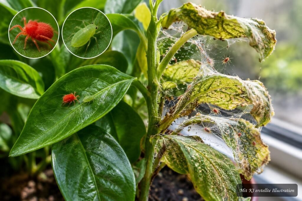 Winzige rote Milben auf einem grünen Blatt als mögliche Pflanzenschädlinge oder Nützlinge
