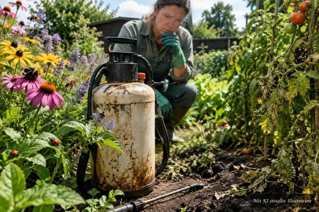 Alte BI-58-Flasche aus DDR-Beständen neben Warnhinweisen im Garten
