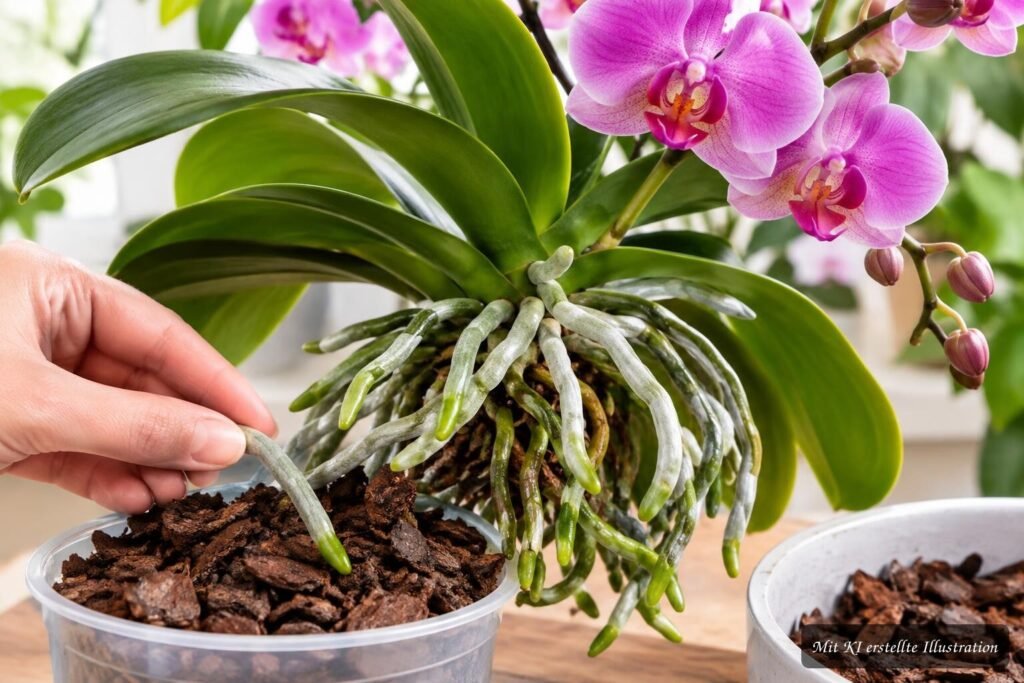 Gesunde grüne Luftwurzeln einer Orchidee zeigen, warum Abschneiden schädlich sein kann