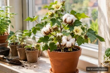Gossypium herbaceum im Topf mit Blüten und weißen Baumwollkapseln auf der Fensterbank