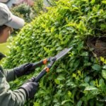 Grüne Hecke wird sorgfältig geschnitten, während Rücksicht auf brütende Vögel genommen wird