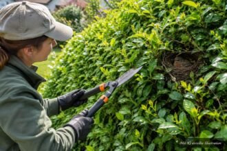 Grüne Hecke wird sorgfältig geschnitten, während Rücksicht auf brütende Vögel genommen wird