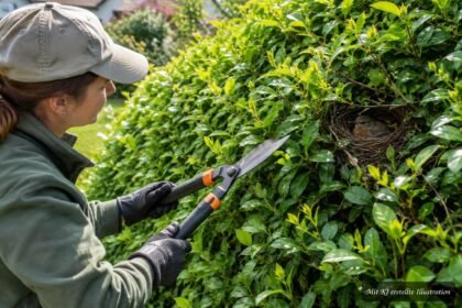 Grüne Hecke wird sorgfältig geschnitten, während Rücksicht auf brütende Vögel genommen wird