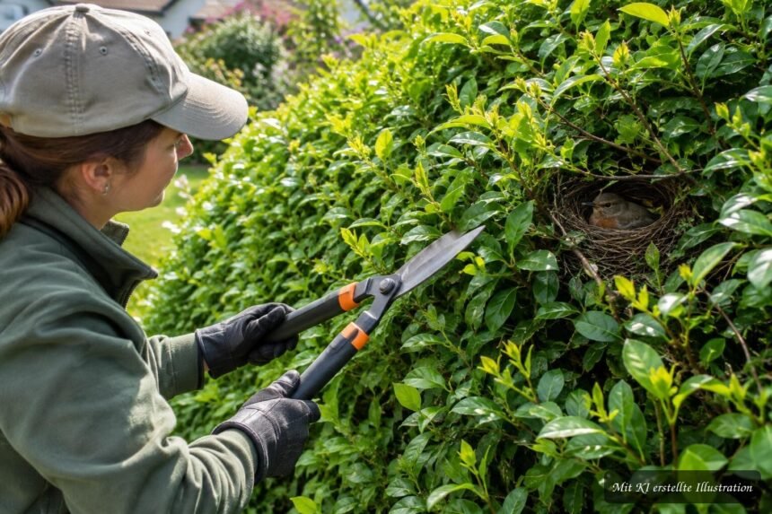 Grüne Hecke wird sorgfältig geschnitten, während Rücksicht auf brütende Vögel genommen wird