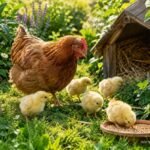 Henne mit flauschigen Küken läuft durch einen grünen Garten