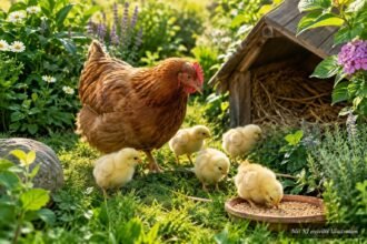 Henne mit flauschigen Küken läuft durch einen grünen Garten