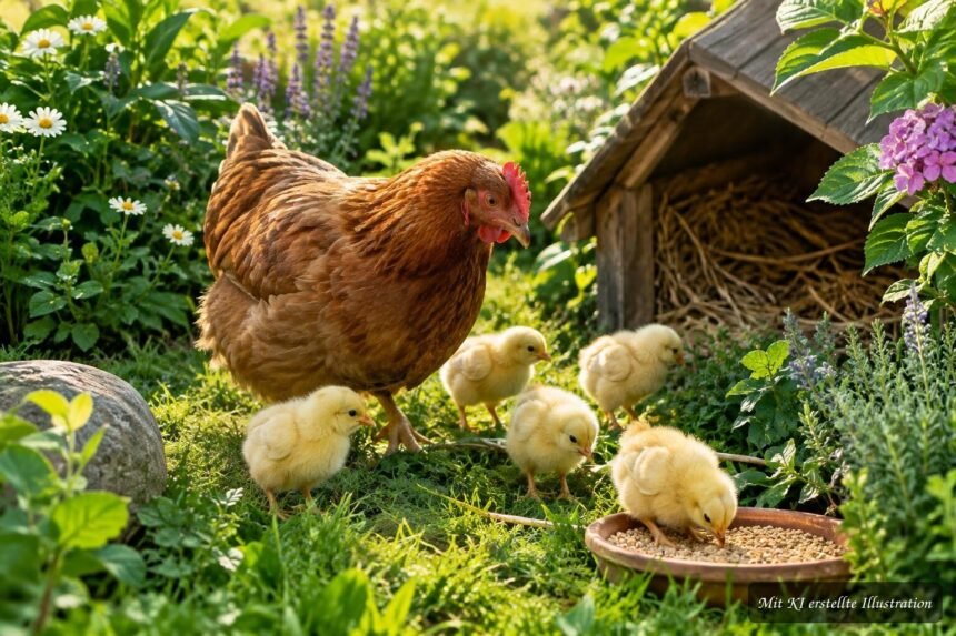 Henne mit flauschigen Küken läuft durch einen grünen Garten