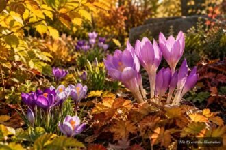 Herbstblühende Pflanzen mit tulpenähnlichen Blüten im goldenen Gartenbeet