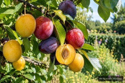 Reife Kirschpflaumen am Zweig, sicher erkennbar und bereit zum Genießen