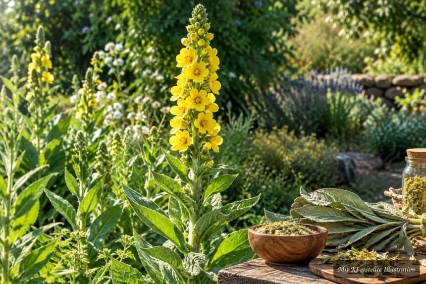 Gelb blühende Königskerze im sommerlichen Garten als vielseitige Heilpflanze
