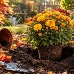 Blühende Topf-Chrysanthemen werden aus einem Pflanzgefäß ins Gartenbeet gesetzt
