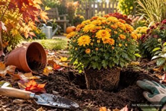 Blühende Topf-Chrysanthemen werden aus einem Pflanzgefäß ins Gartenbeet gesetzt