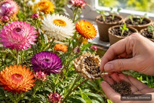 Kapkörbchen mit bunten Blüten und geernteten Samen auf einer Fensterbank
