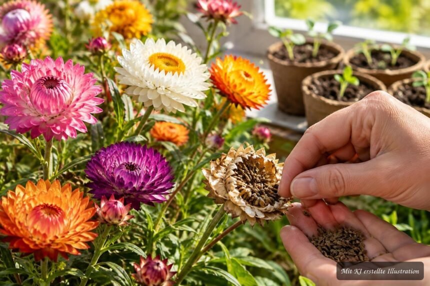 Kapkörbchen aus Samen ziehen: Ernte, Lagerung und Aussaat Kapkörbchen mit bunten Blüten und geernteten Samen auf einer Fensterbank
