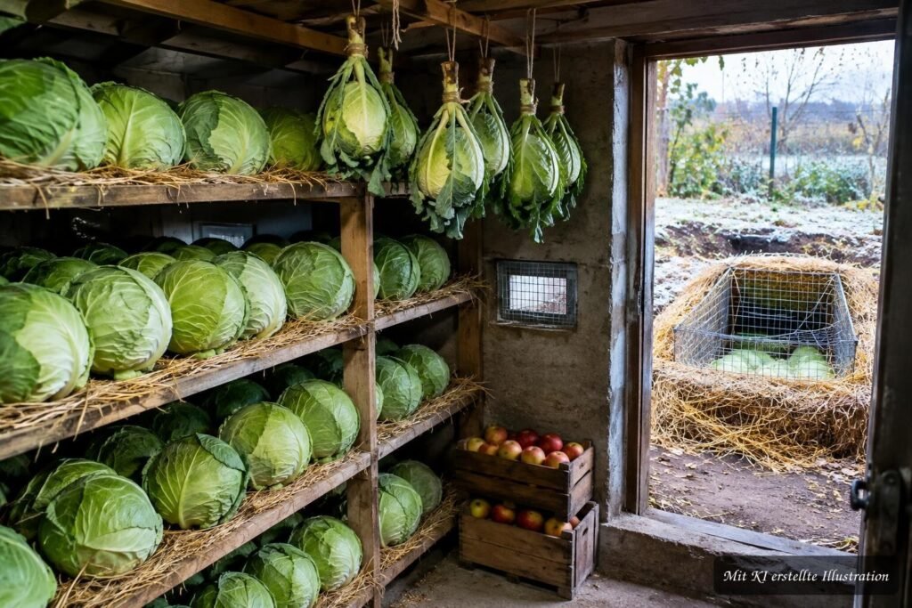 Verschiedene Kohlsorten lagern in einer Erdmiete und einem kühlen Keller für haltbare Wintervorräte.