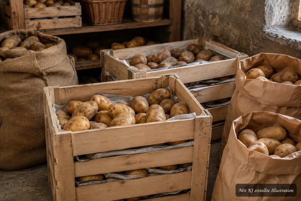 Kartoffeln lagern in einer luftigen Holzkiste mit Papier an einem kühlen, dunklen Ort