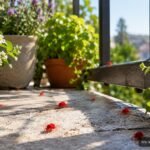 Winzige rote Samtmilben krabbeln über sonnige Terrassenplatten und Balkongeländer im Frühling