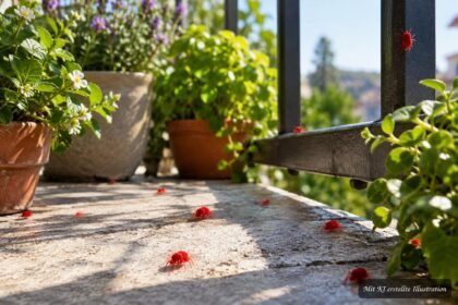 Winzige rote Samtmilben krabbeln über sonnige Terrassenplatten und Balkongeländer im Frühling