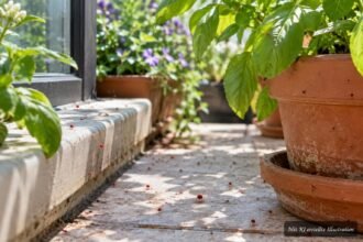 Winzige rote Milben krabbeln über Balkonplatten, Blumenkübel und eine Hauswand im Sonnenlicht