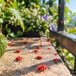 Winzige rote Milben krabbeln an sonnigen Frühlingstagen über Balkon und Terrasse