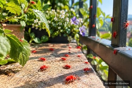 Winzige rote Milben krabbeln an sonnigen Frühlingstagen über Balkon und Terrasse
