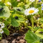 Kleine schwarze Käfer krabbeln zwischen grünen Pflanzen im Garten.