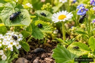 Kleine schwarze Käfer krabbeln zwischen grünen Pflanzen im Garten.