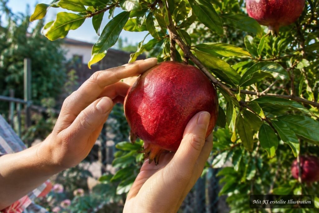 Reifer Granatapfel wird durch Klopfen und Fühlen auf seine Reife geprüft.