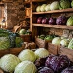Verschiedene Kohlsorten lagern im kühlen Keller für vitaminreiche Wintervorräte