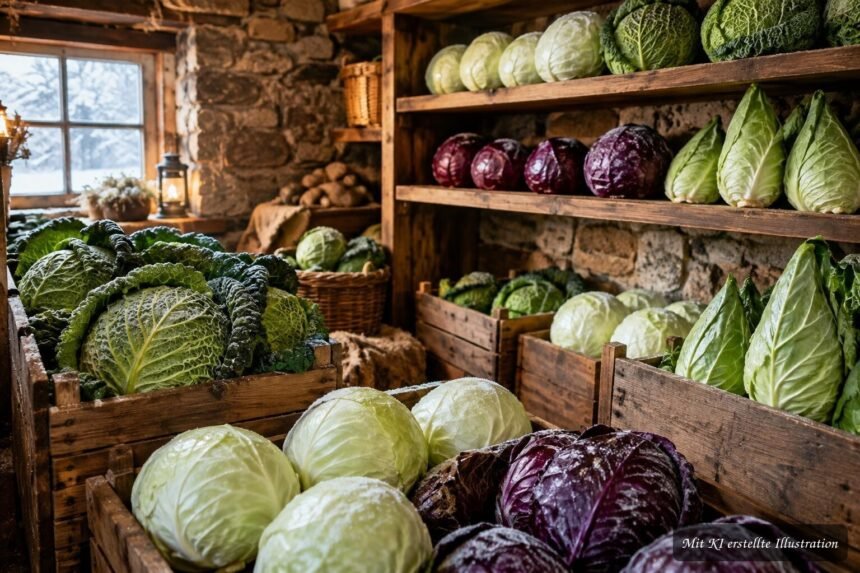 Verschiedene Kohlsorten lagern im kühlen Keller für vitaminreiche Wintervorräte