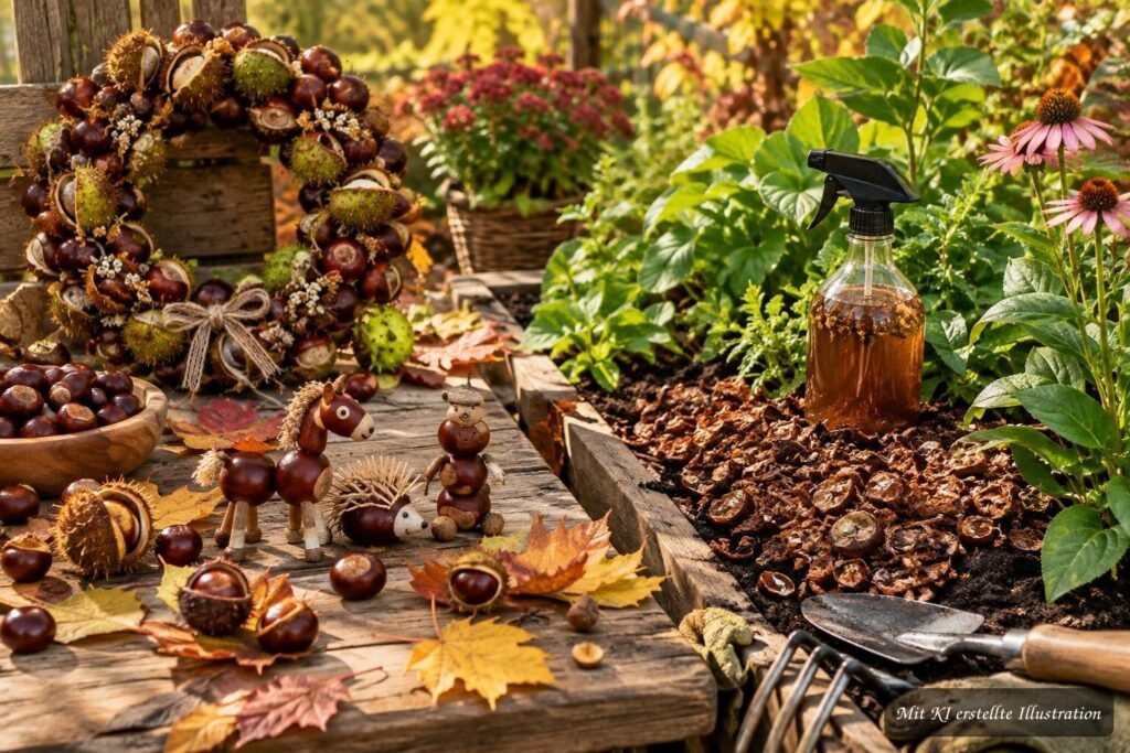 Rosskastanien als kreative Herbstdekoration und natürlicher Schutz für Pflanzen im Garten