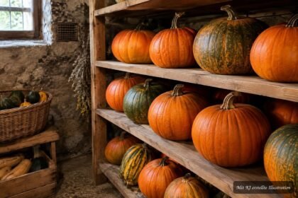 Reife Kürbisse liegen im Herbstgarten und warten auf die richtige Lagerung